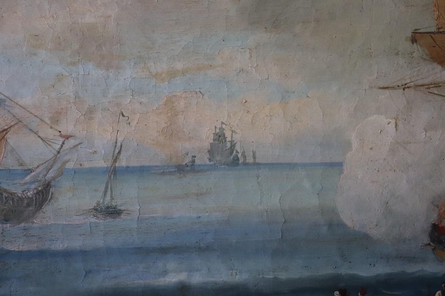 Peinture à l'huile ancienne sur toile - Scène côtière avec galons, 18e siècle en vente 6