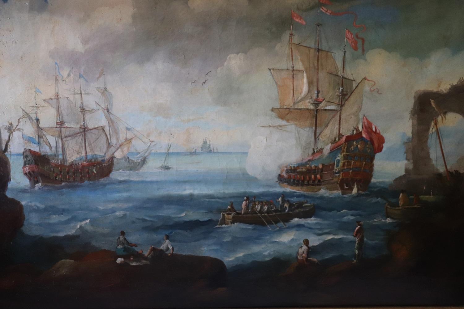 Italian Antique Oil Painting on Canvas Coastal Scene with Galleons, 18th century For Sale