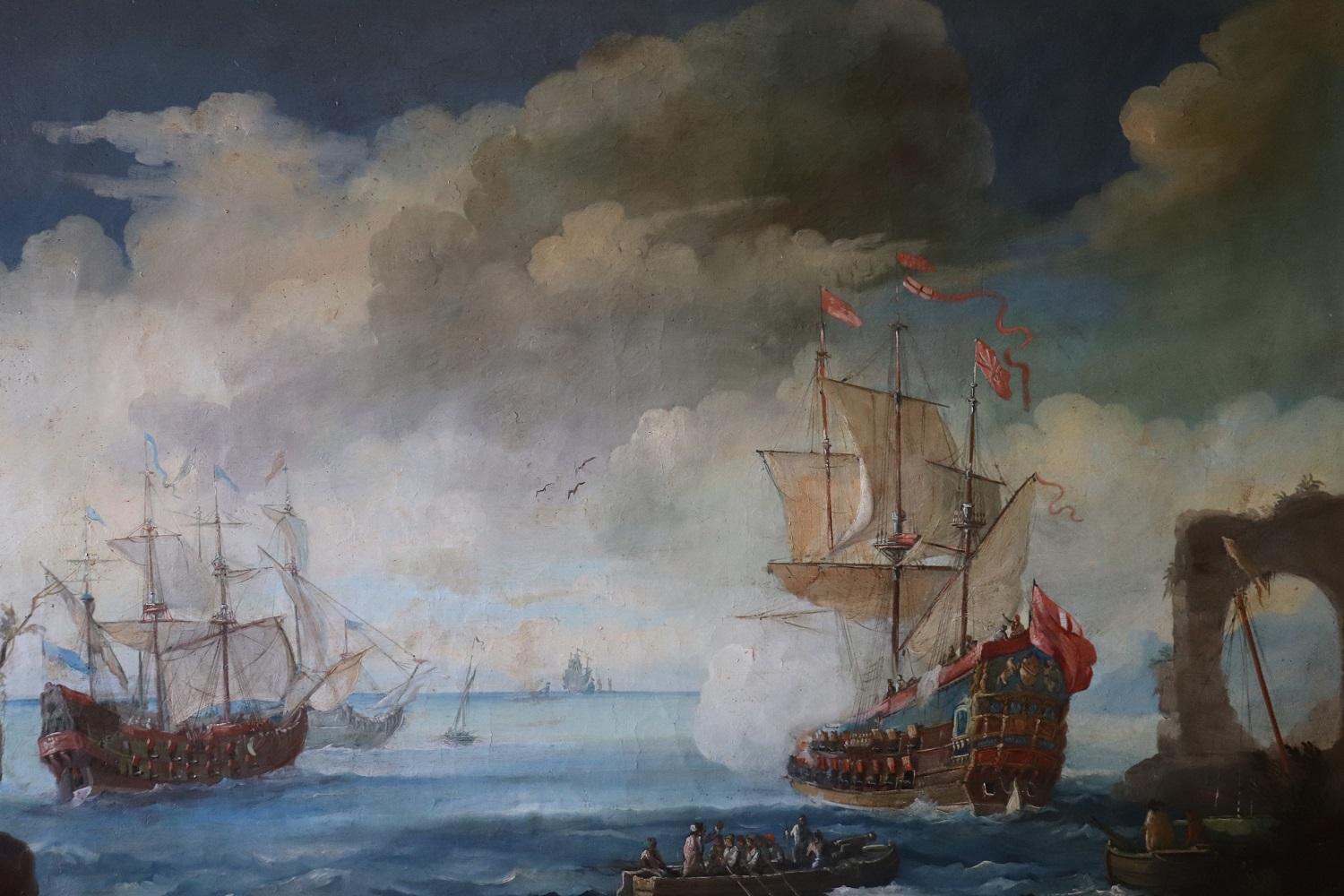 Oiled Antique Oil Painting on Canvas Coastal Scene with Galleons, 18th century For Sale