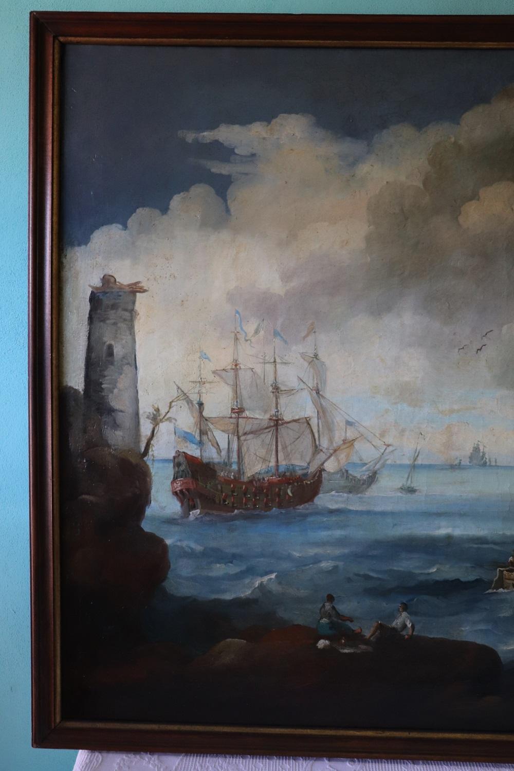 Antique Oil Painting on Canvas Coastal Scene with Galleons, 18th century In Excellent Condition For Sale In Casale Monferrato, IT