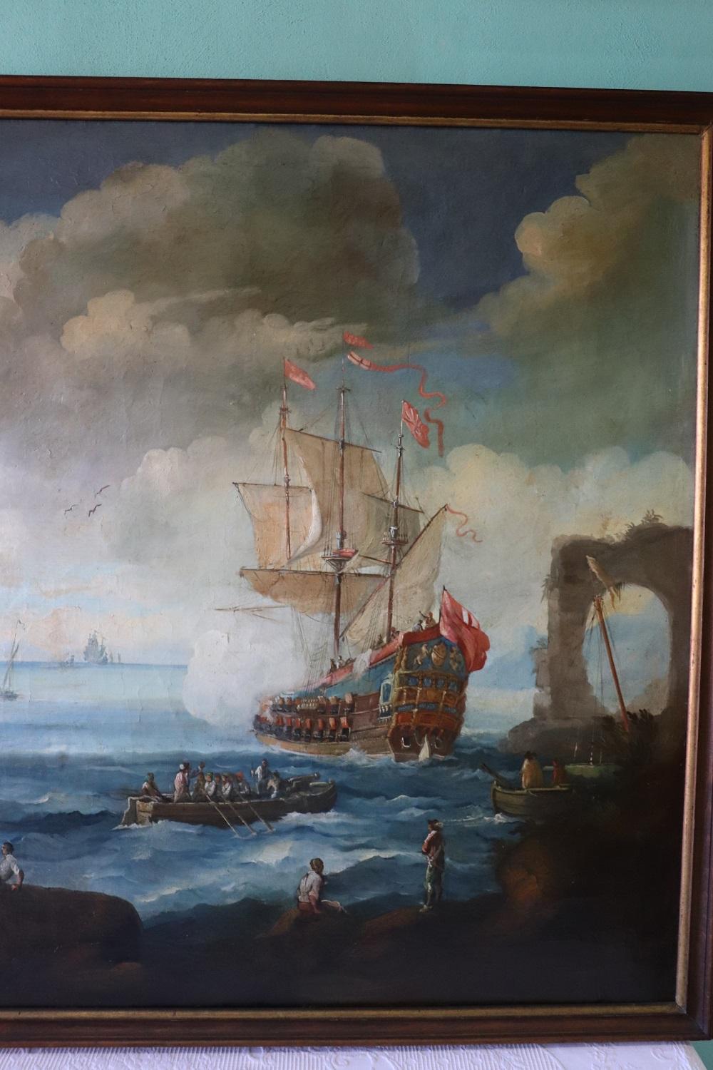 Mid-18th Century Antique Oil Painting on Canvas Coastal Scene with Galleons, 18th century For Sale