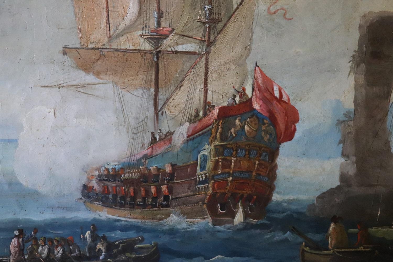 Antique Oil Painting on Canvas Coastal Scene with Galleons, 18th century For Sale 1