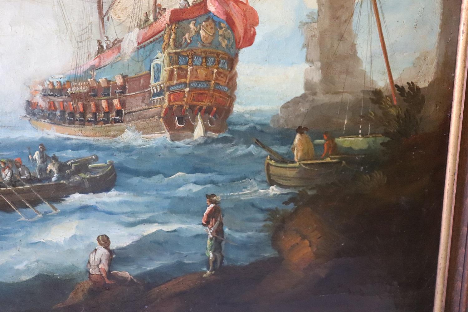 Antique Oil Painting on Canvas Coastal Scene with Galleons, 18th century For Sale 3