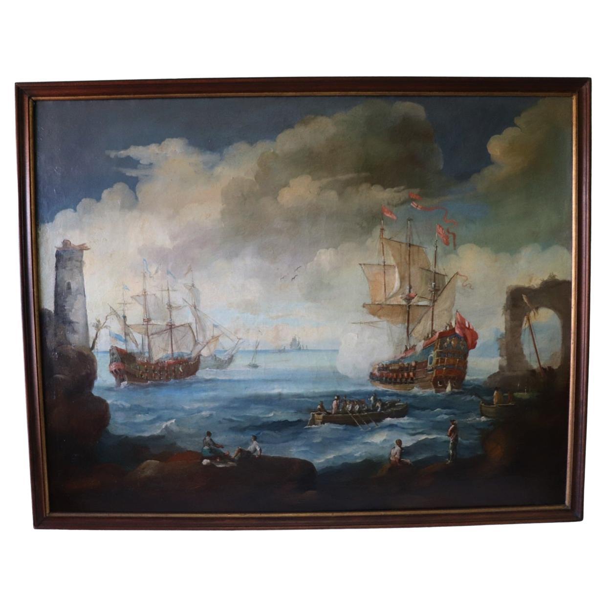 Antique Oil Painting on Canvas Coastal Scene with Galleons, 18th century For Sale