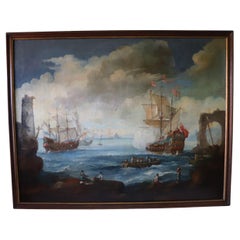 Antique Oil Painting on Canvas Coastal Scene with Galleons, 18th century