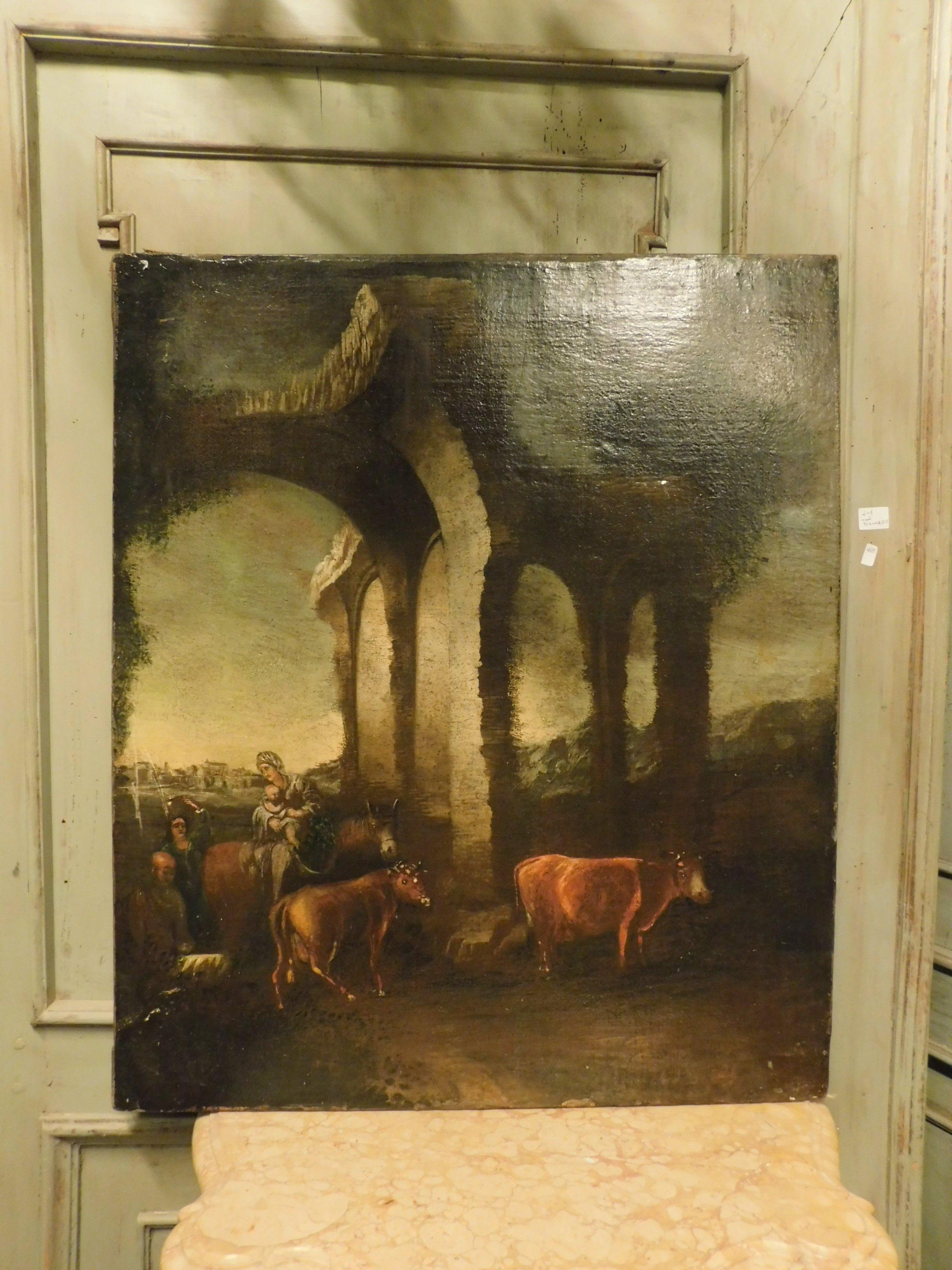 Ancient oil painting on canvas, depicting a rural landscape with classical architectural ruins, oxen and women in a common scene of the time, hand painted by an unknown author (without signature) in the period between the 18th and 19th centuries,
