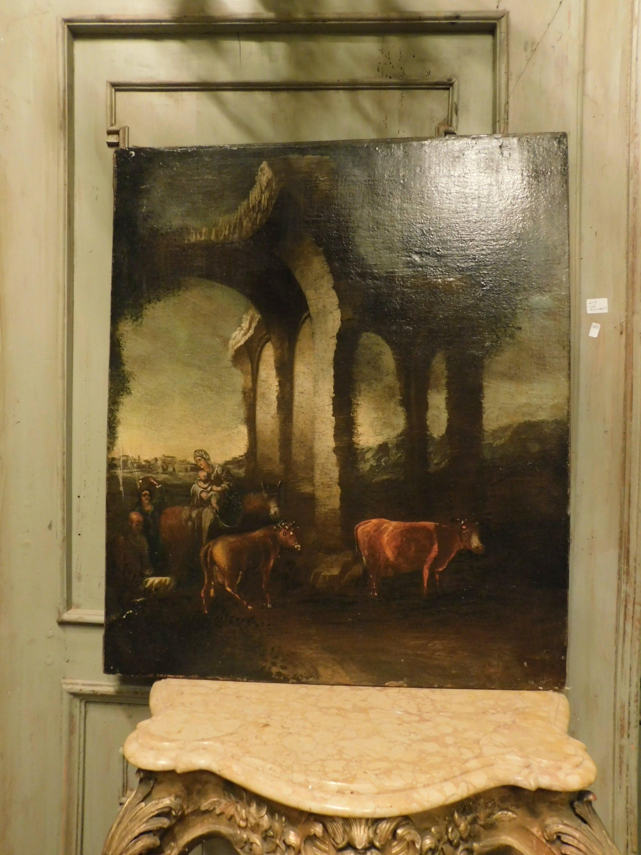 Italian Antique Oil Painting on Canvas, Country Landscape with Ruins, early '600, Italy
