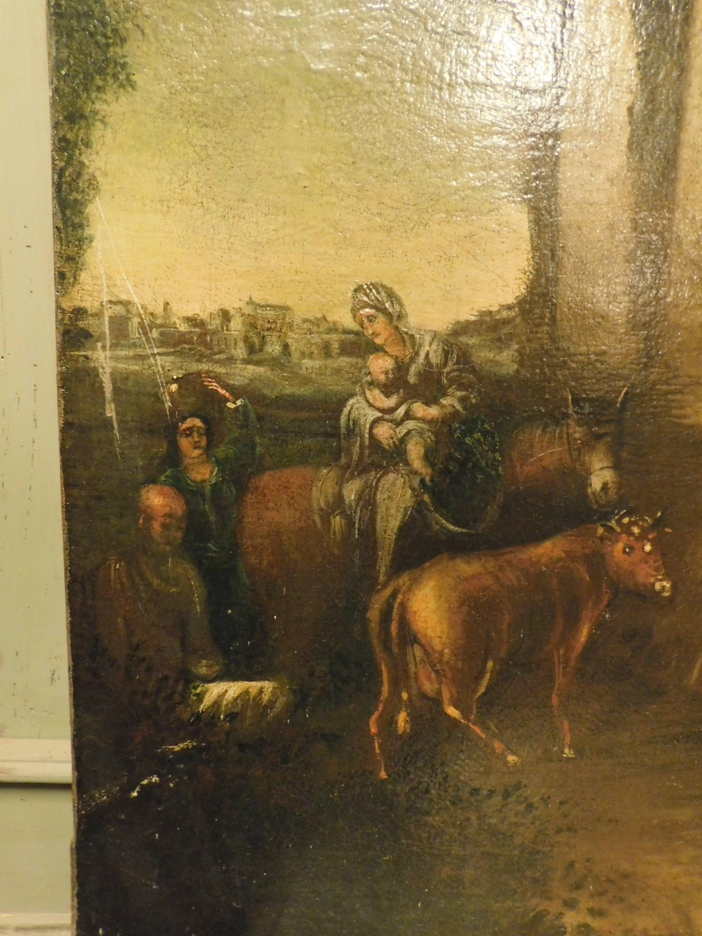 Hand-Painted Antique Oil Painting on Canvas, Country Landscape with Ruins, early '600, Italy