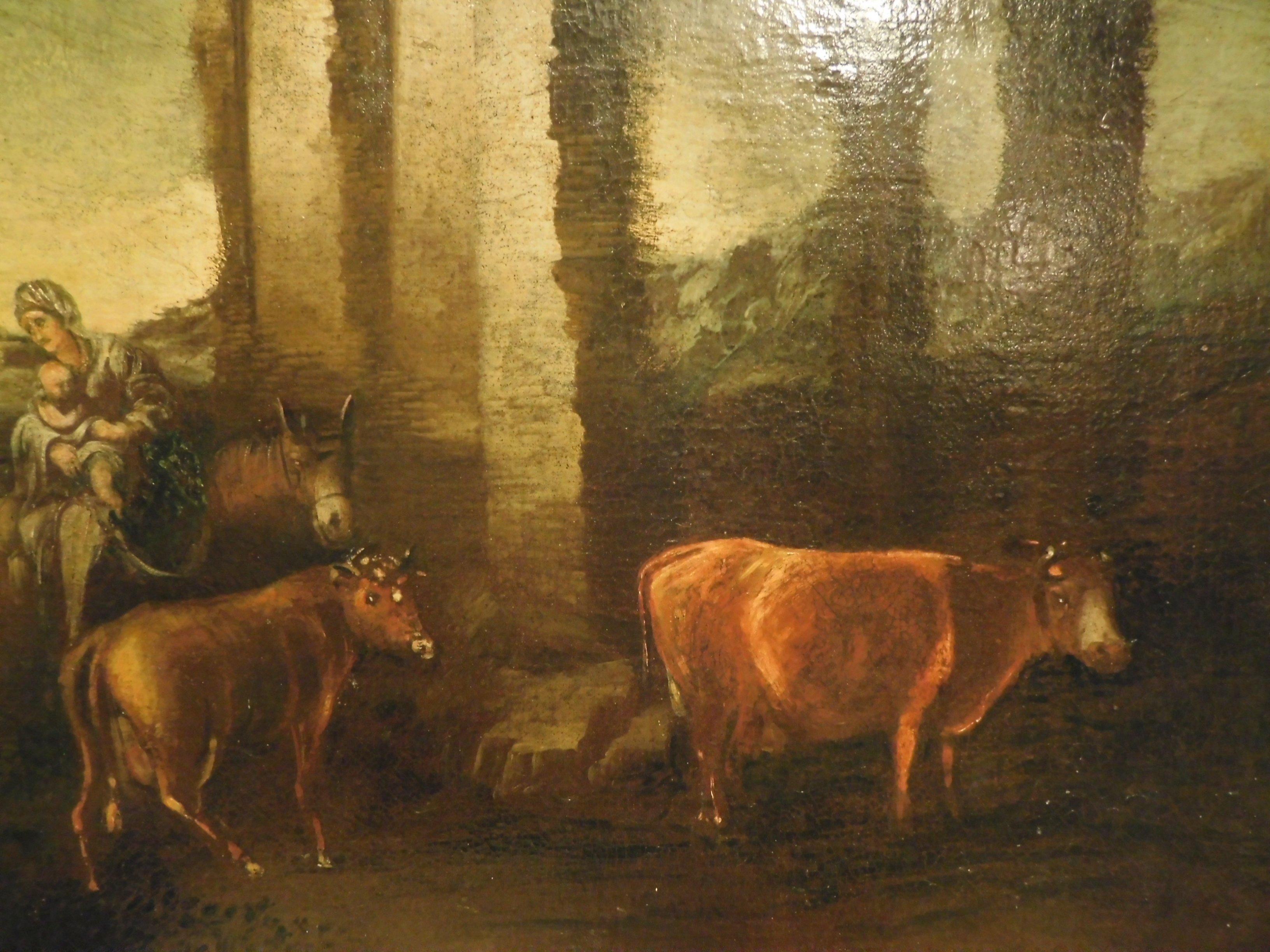 Antique Oil Painting on Canvas, Country Landscape with Ruins, early '600, Italy In Good Condition In Cuneo, Italy (CN)