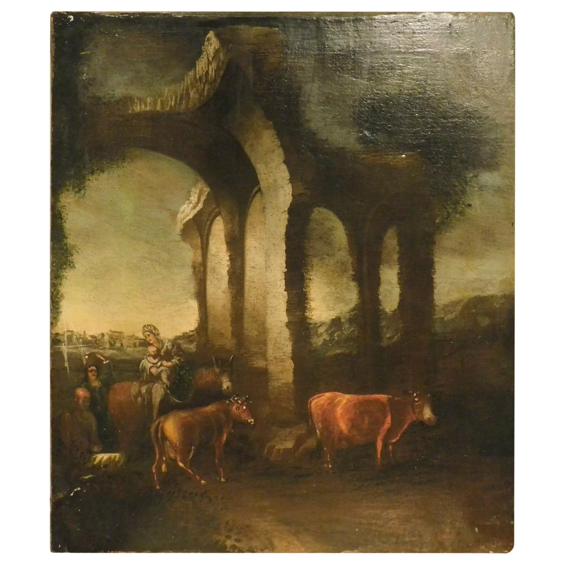 Antique Oil Painting on Canvas, Country Landscape with Ruins, '700/'800, Italy