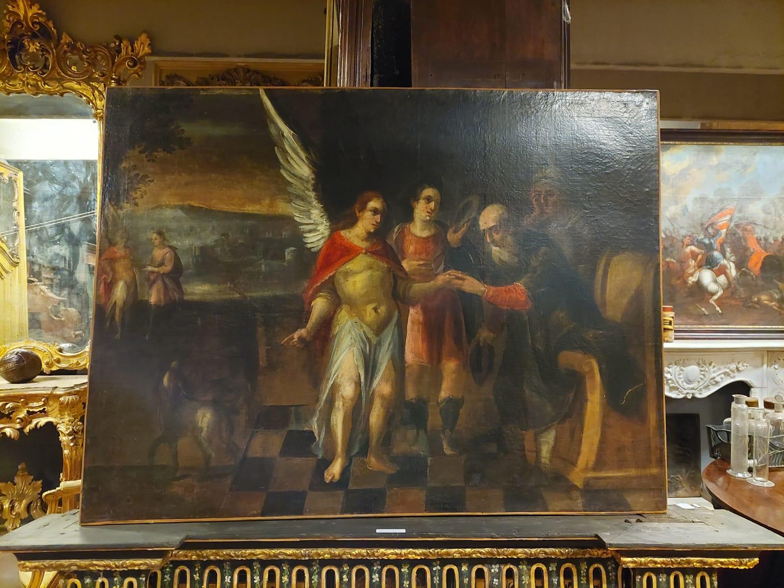 Antique hand painted oil on canvas, subject of the time depicting the archangel descended on earth, original from the 18th century in Italy.
Original and of good size to furnish a classy interior in an antique style, in excellent conservation