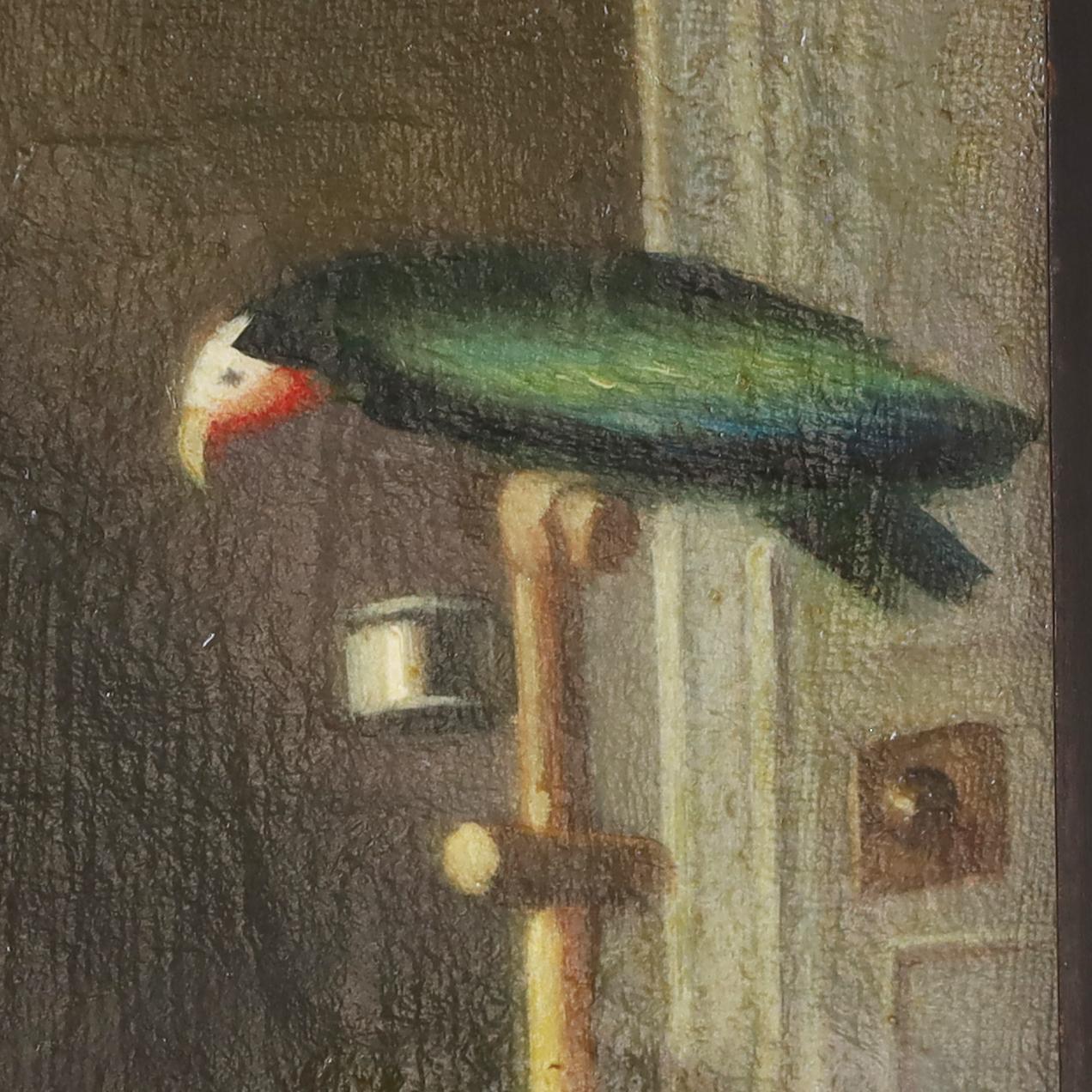 Charming small 19th Century oil painting on canvas of a girl in a dress in an interior scene with a parrot and a dog executed in a distinctive early American school of portraiture. Remnants of the words New York Printed on the back of the canvas. 