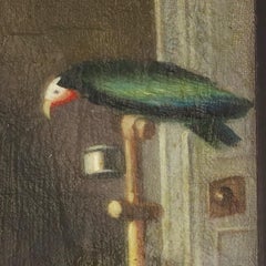 Antique Oil Painting on Canvas of a Child with a Bird and a Dog