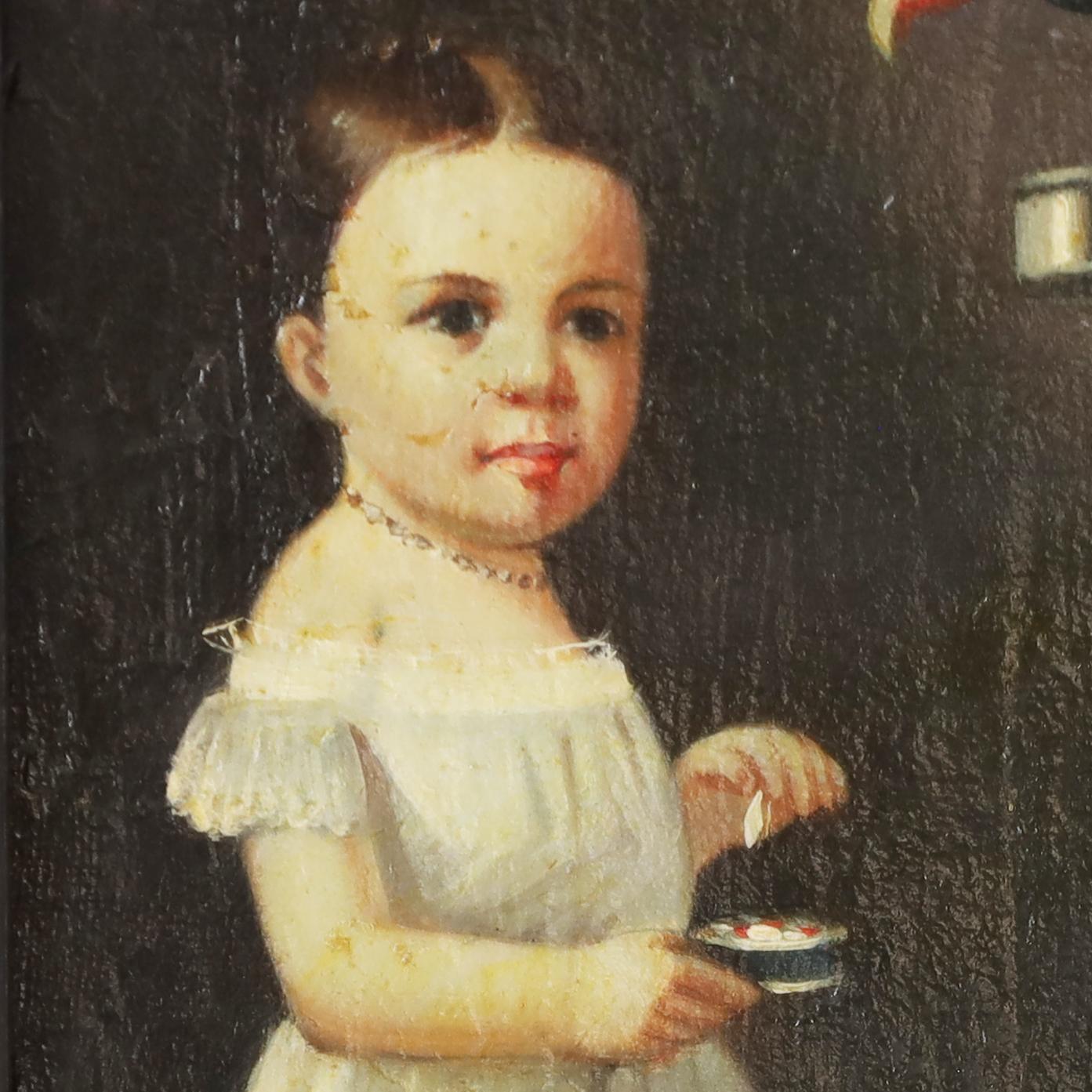 Victorian Antique Oil Painting on Canvas of a Child with a Bird and a Dog For Sale