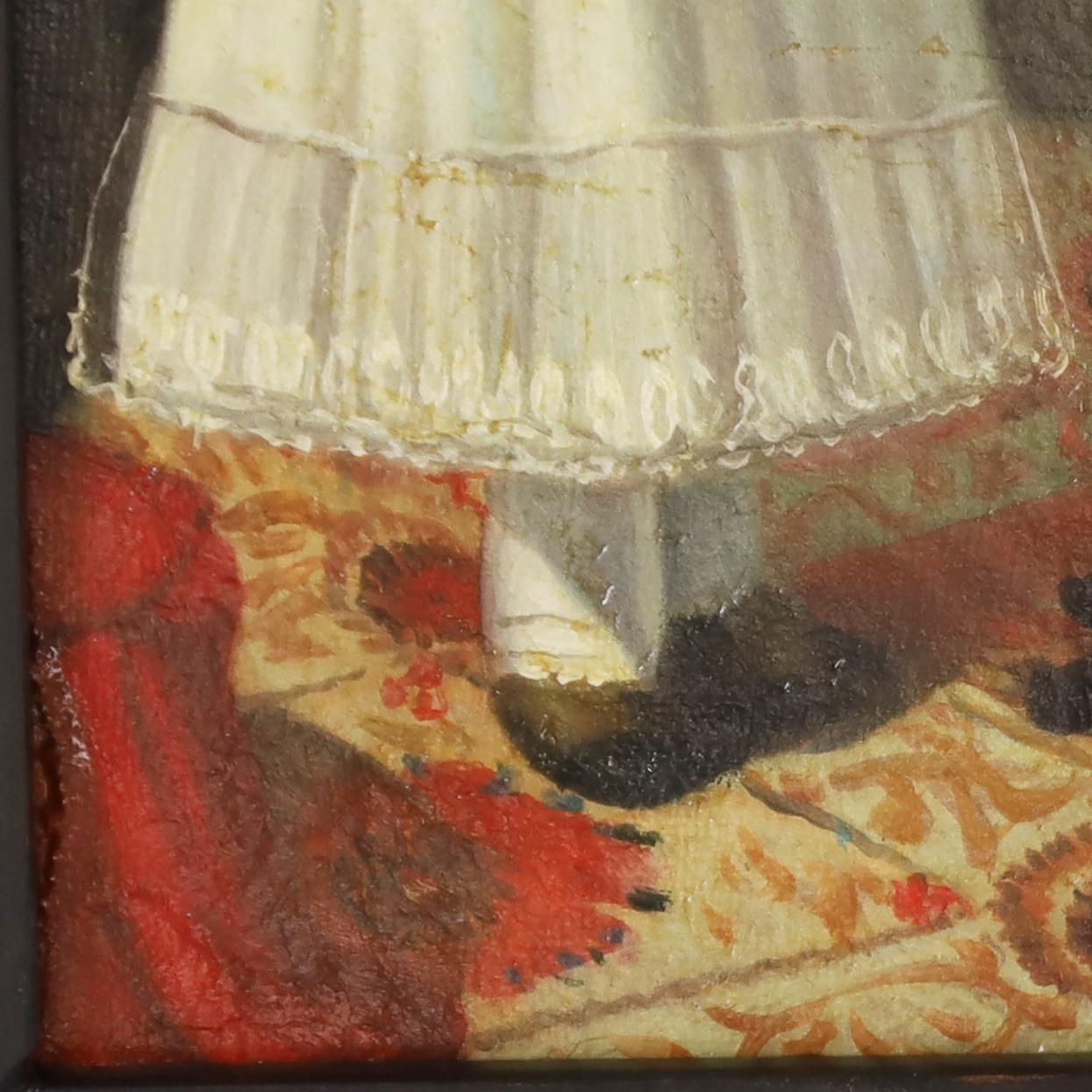 Hand-Painted Antique Oil Painting on Canvas of a Child with a Bird and a Dog For Sale