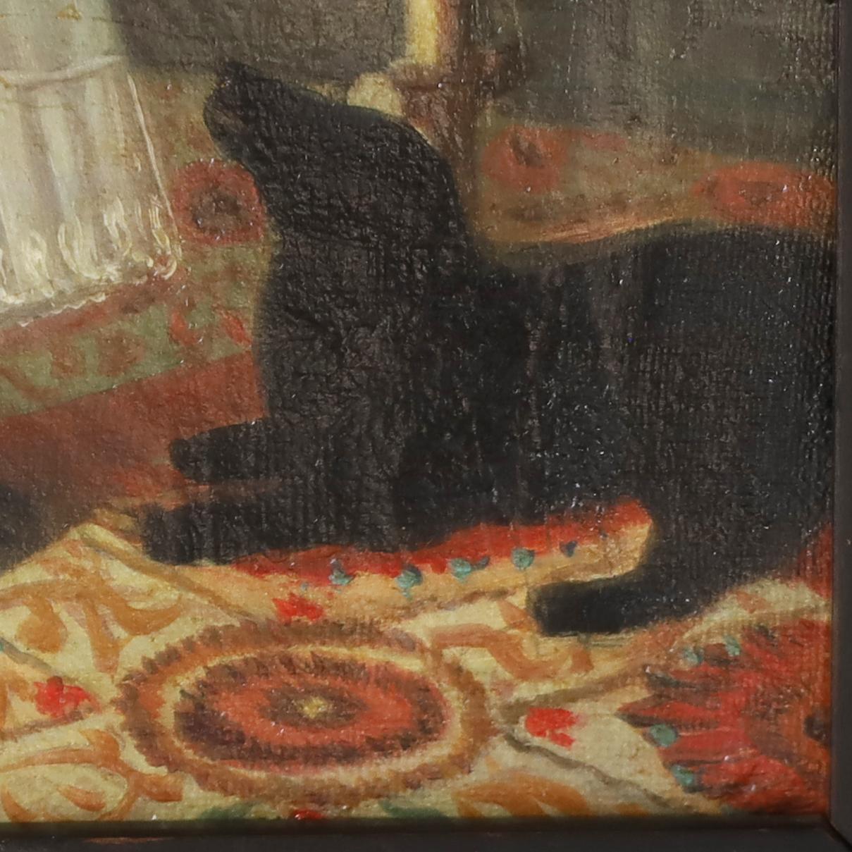 Antique Oil Painting on Canvas of a Child with a Bird and a Dog In Good Condition For Sale In Palm Beach, FL