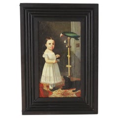 Antique Oil Painting on Canvas of a Child with a Bird and a Dog