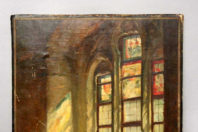 Antique oil painting on canvas of church window, early 20th century
Technique: Oil on canvas

Size: 42.3 x 36 x 2 cm
Weight: 534 grams

Condition: Has a rip at the bottom, age wear, some scratches and age wear, otherwise good condition.