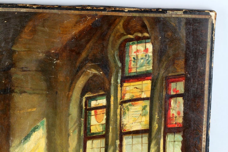 Oiled Antique Oil Painting on Canvas of Church Window, Early 20th Century For Sale