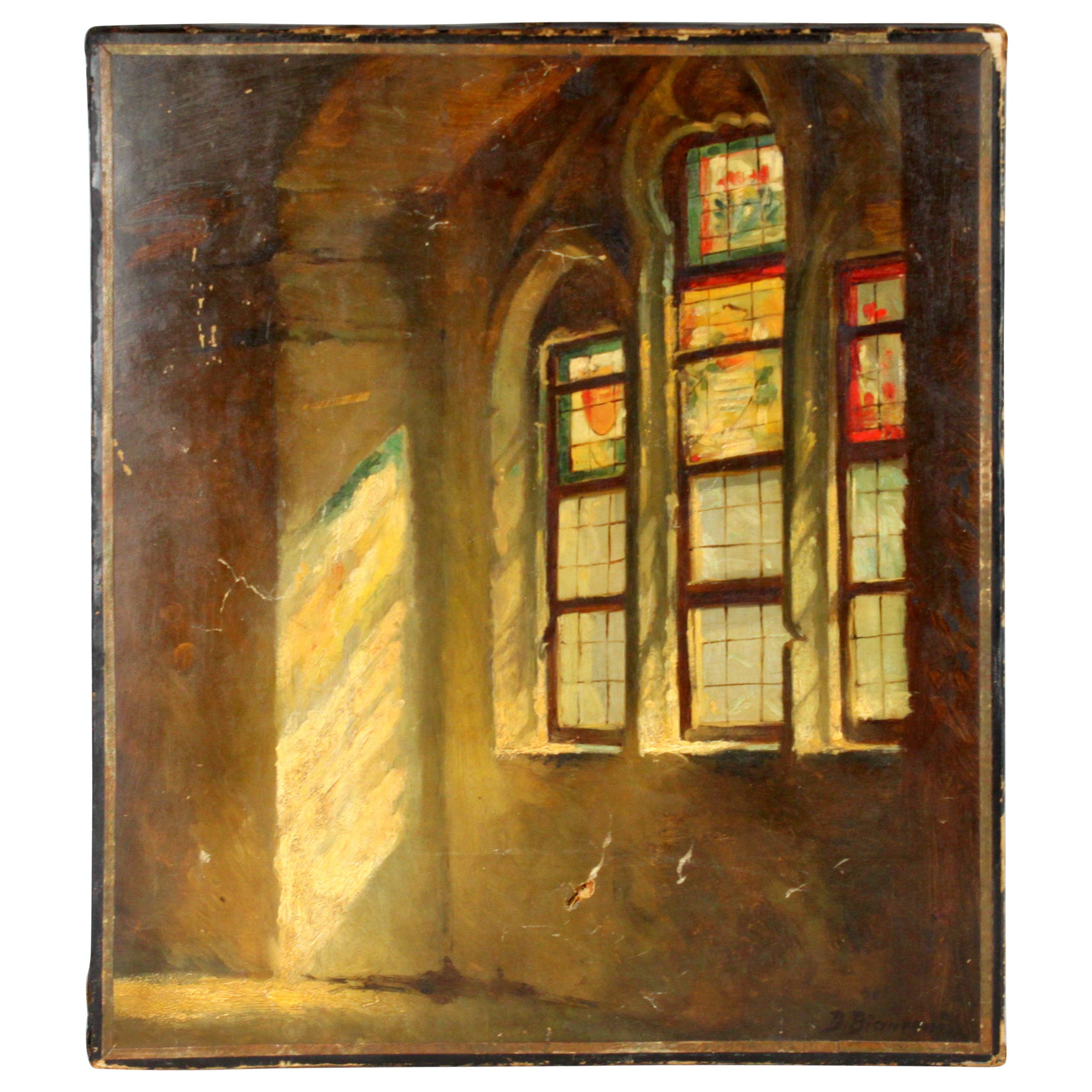Antique Oil Painting on Canvas of Church Window, Early 20th Century