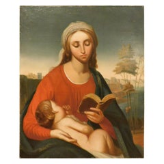 Antique Oil Painting on Canvas, Portrait of Madonna with Child, 1800 Italy