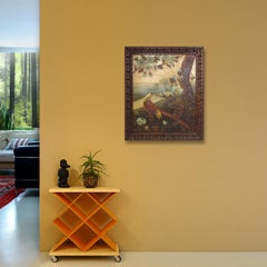 Antikes Ölgemälde auf Leder mit der Darstellung eines Fasanen in üppiger natürlicher Umgebung