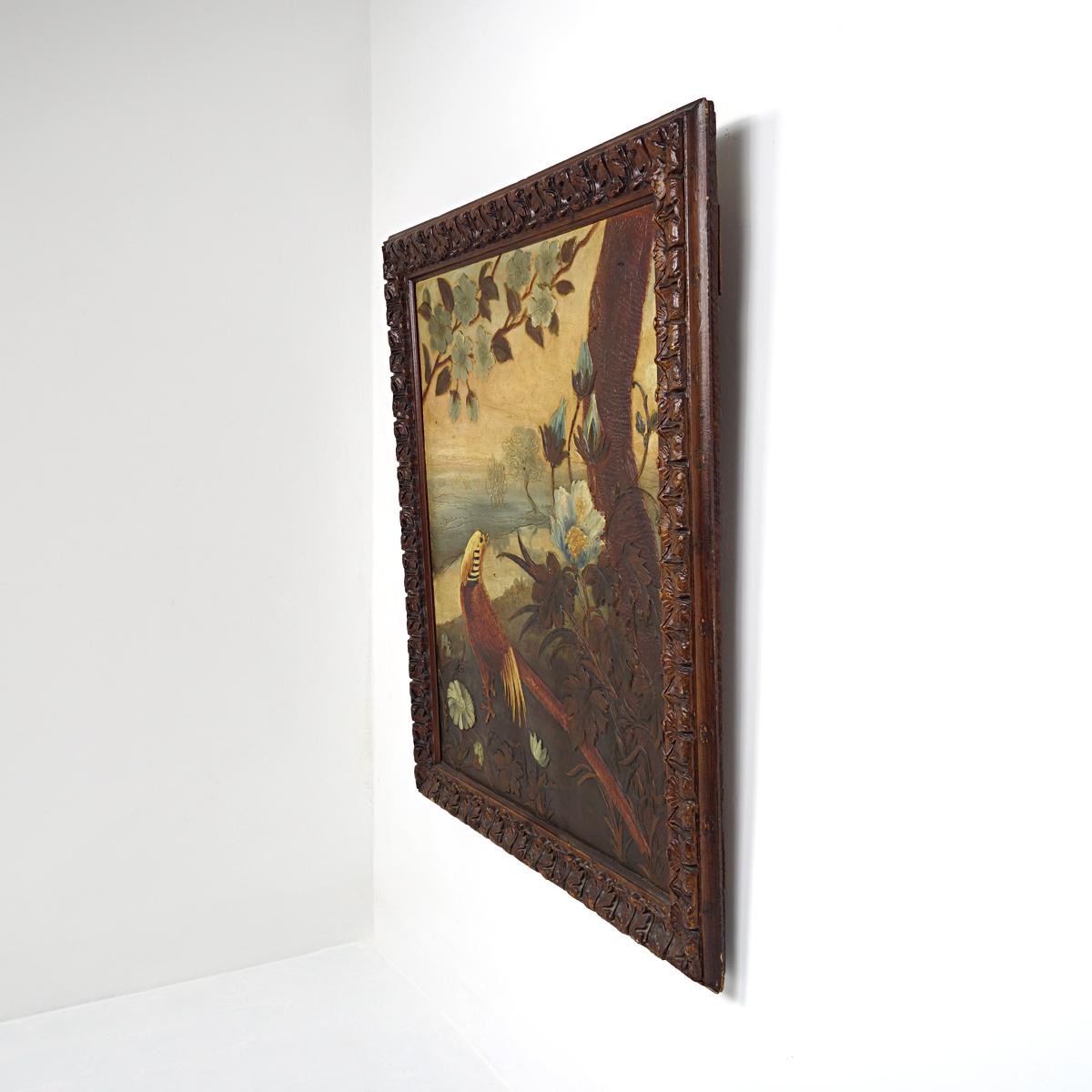 Autre Peinture à l'huile ancienne sur cuir représentant un faisan dans un environnement naturel luxuriant en vente
