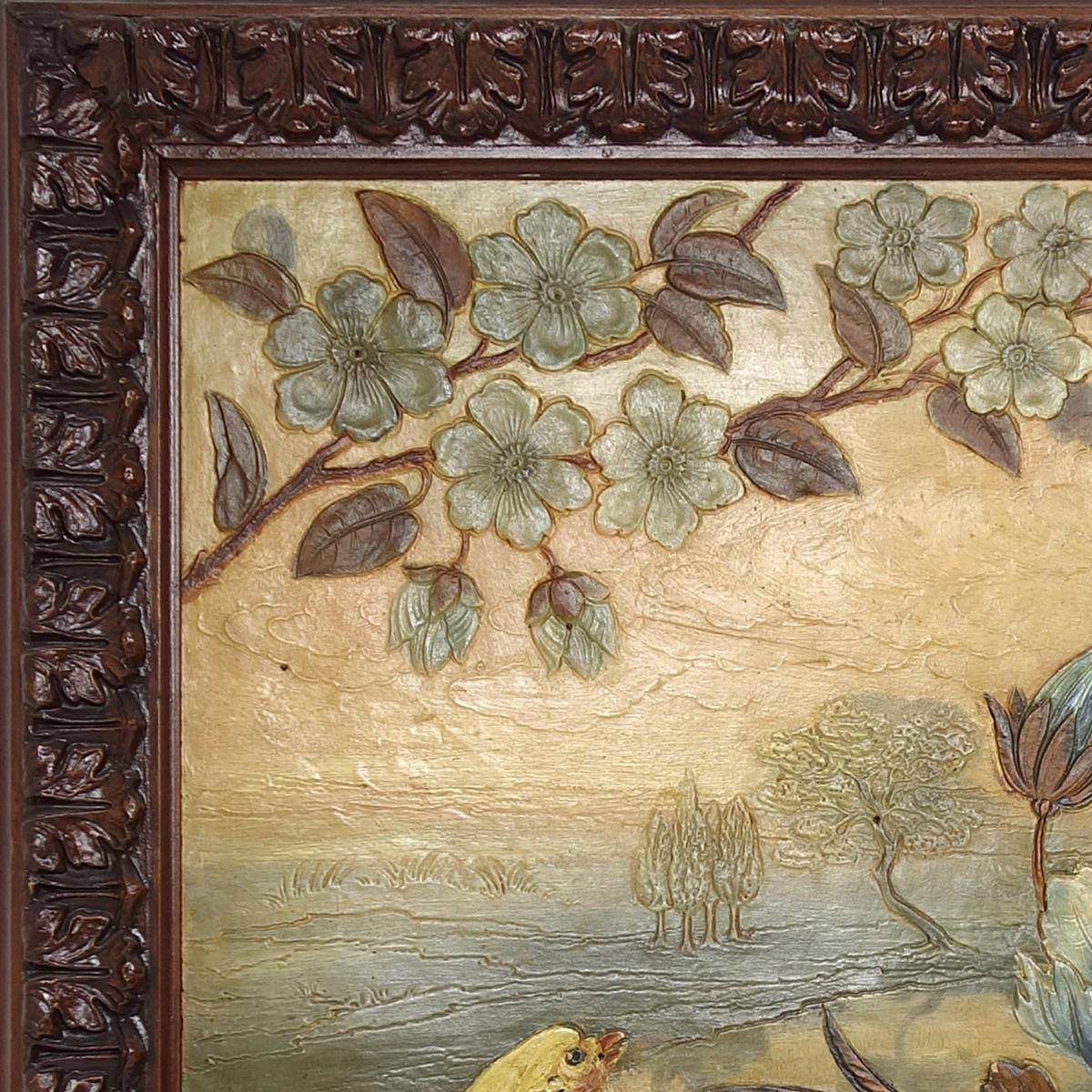 Espagnol Peinture à l'huile ancienne sur cuir représentant un faisan dans un environnement naturel luxuriant en vente