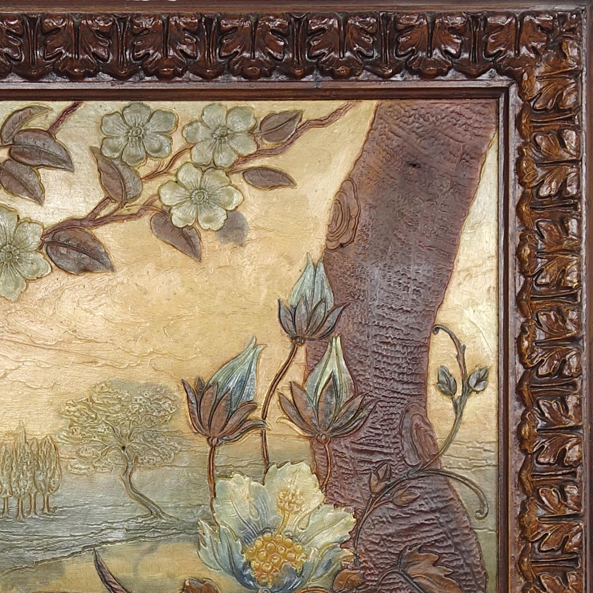 Antikes Ölgemälde auf Leder mit der Darstellung eines Fasanen in üppiger natürlicher Umgebung (Gemalt) im Angebot