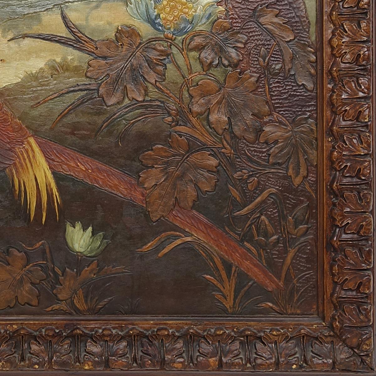 Painted Antique Oil Painting on Leather Depicting a Pheasant in Lush Natural Environment For Sale