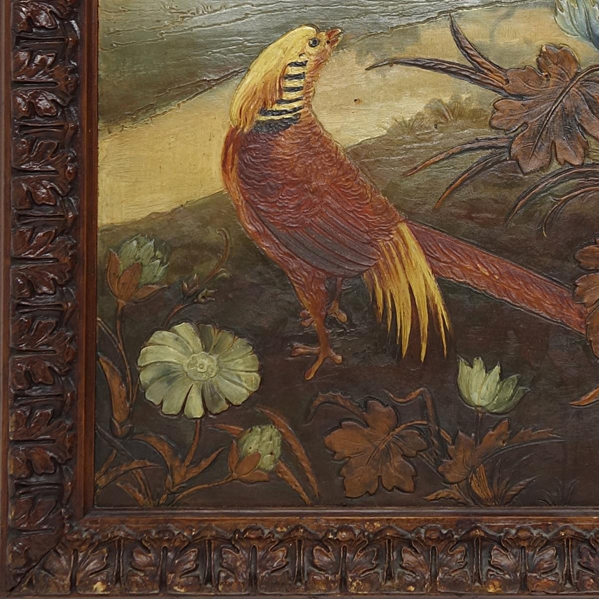 Cuir Peinture à l'huile ancienne sur cuir représentant un faisan dans un environnement naturel luxuriant en vente