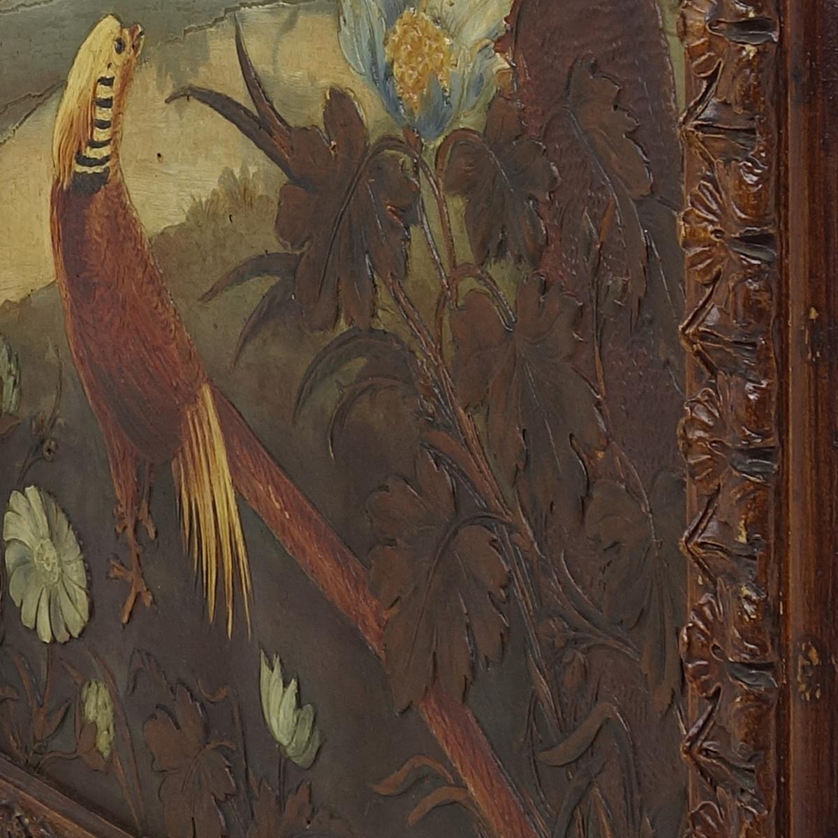Peinture à l'huile ancienne sur cuir représentant un faisan dans un environnement naturel luxuriant en vente 1
