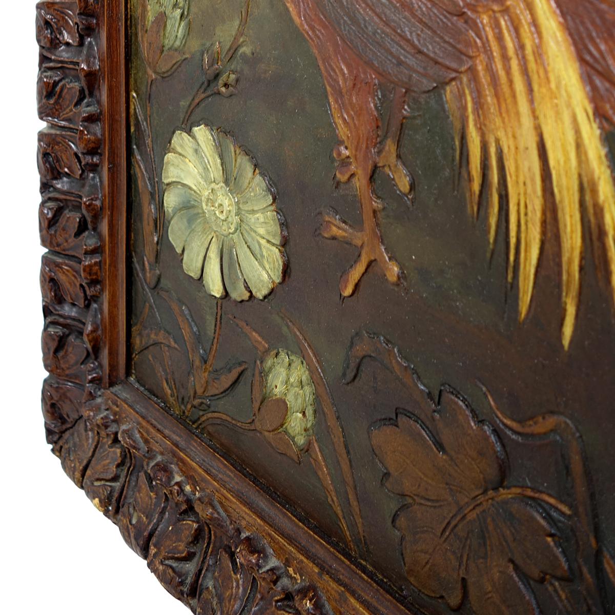 Peinture à l'huile ancienne sur cuir représentant un faisan dans un environnement naturel luxuriant en vente 2