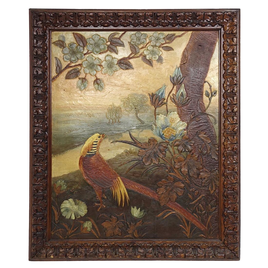 Peinture à l'huile ancienne sur cuir représentant un faisan dans un environnement naturel luxuriant en vente