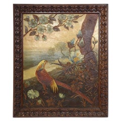 Peinture à l'huile ancienne sur cuir représentant un faisan dans un environnement naturel luxuriant