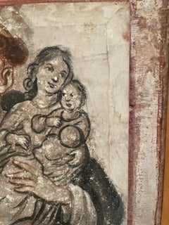 Antique Oil Painting on Wood of Monk with Mother and Child, 22x23 in