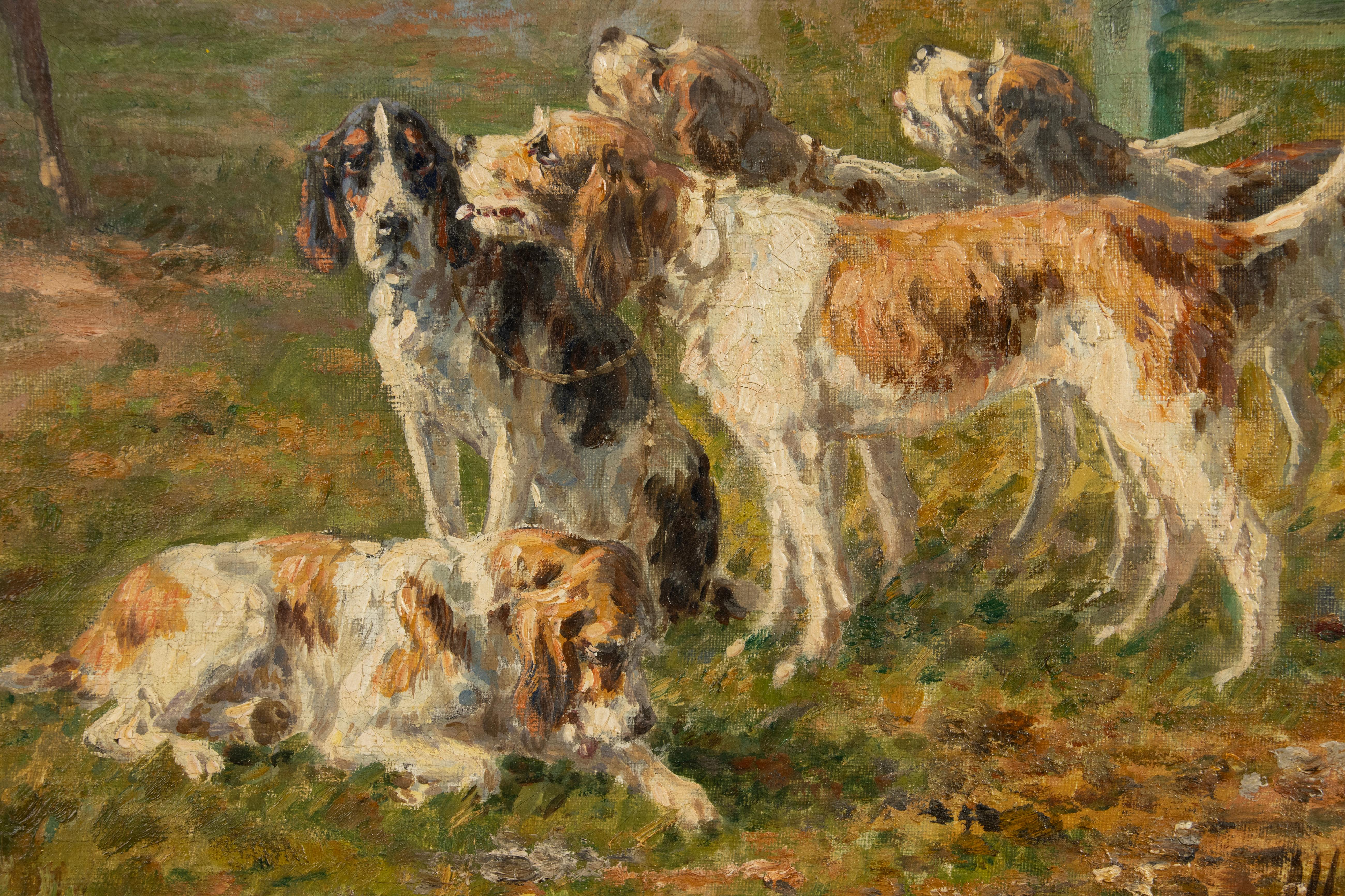 Antique Oil Painting - Pack of Hunting Dogs - Signed Marie Didière Calvès For Sale 2