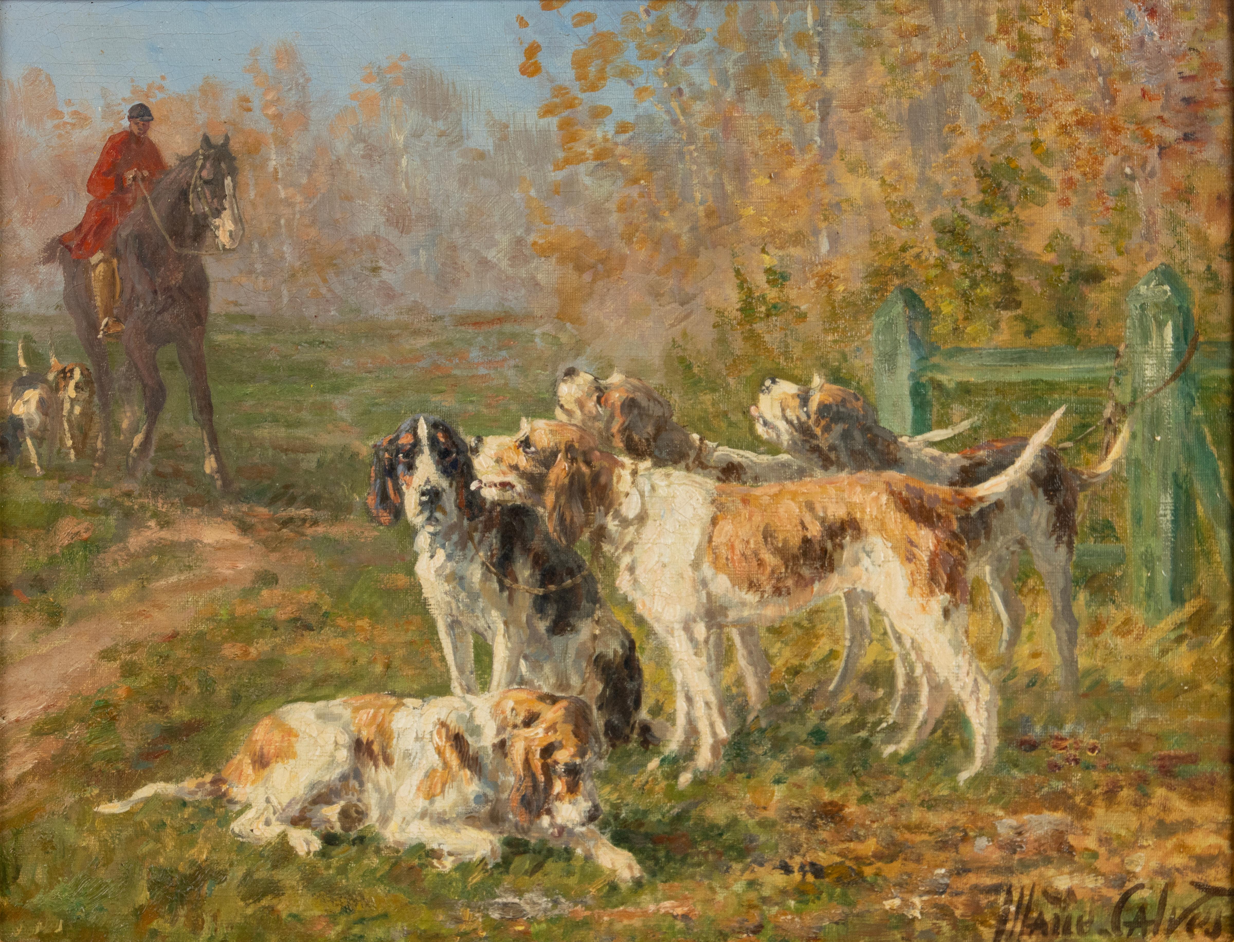 A beautiful oil painting, depicting a pack of hunting dogs in the field, made by the French artist Marie-Didière Calves. 
The style is somewhat impressionistic. Seen up close, a bit vague, but seen from a greater distance, a clear image with a lot