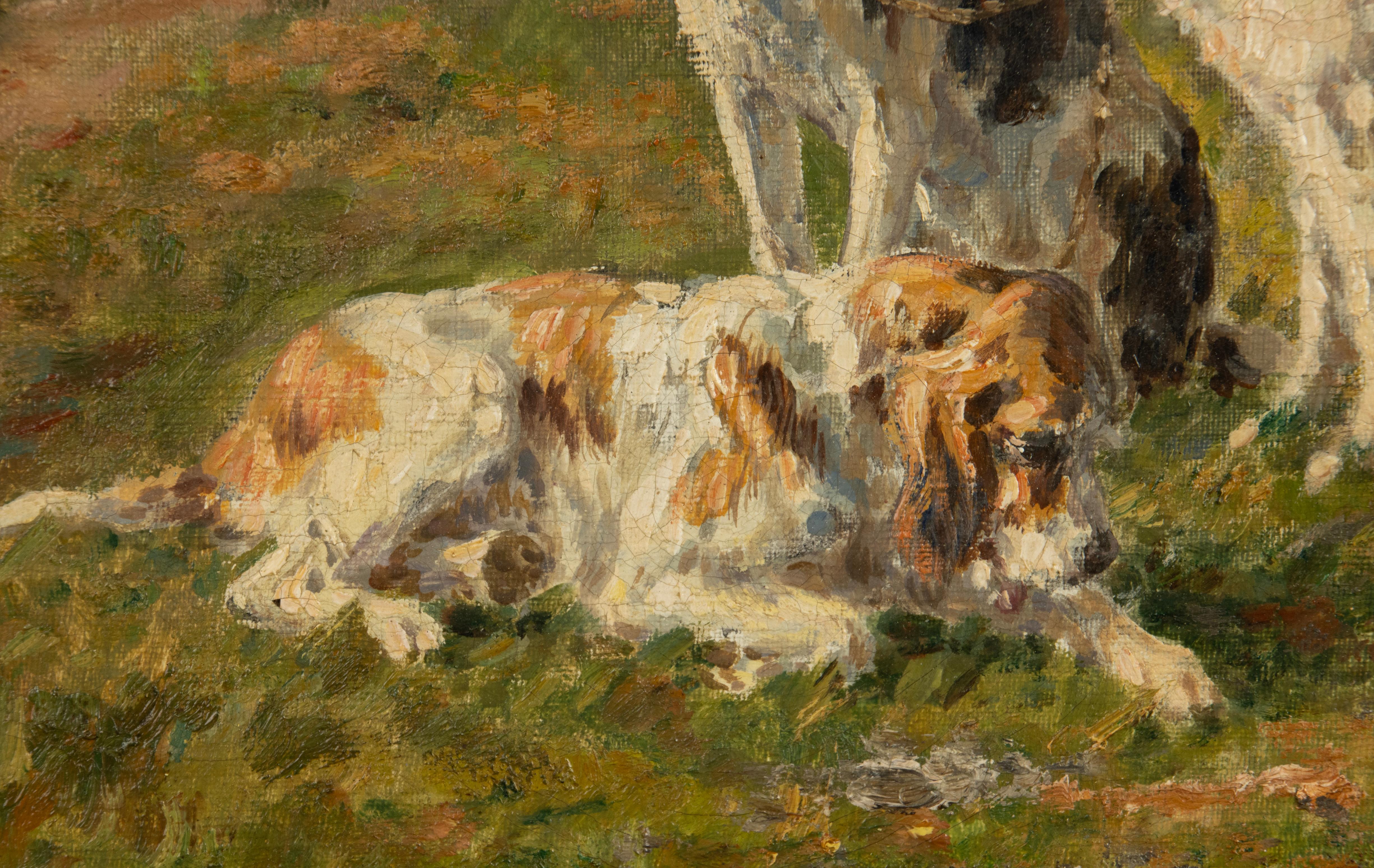 Hand-Painted Antique Oil Painting - Pack of Hunting Dogs - Signed Marie Didière Calvès  For Sale
