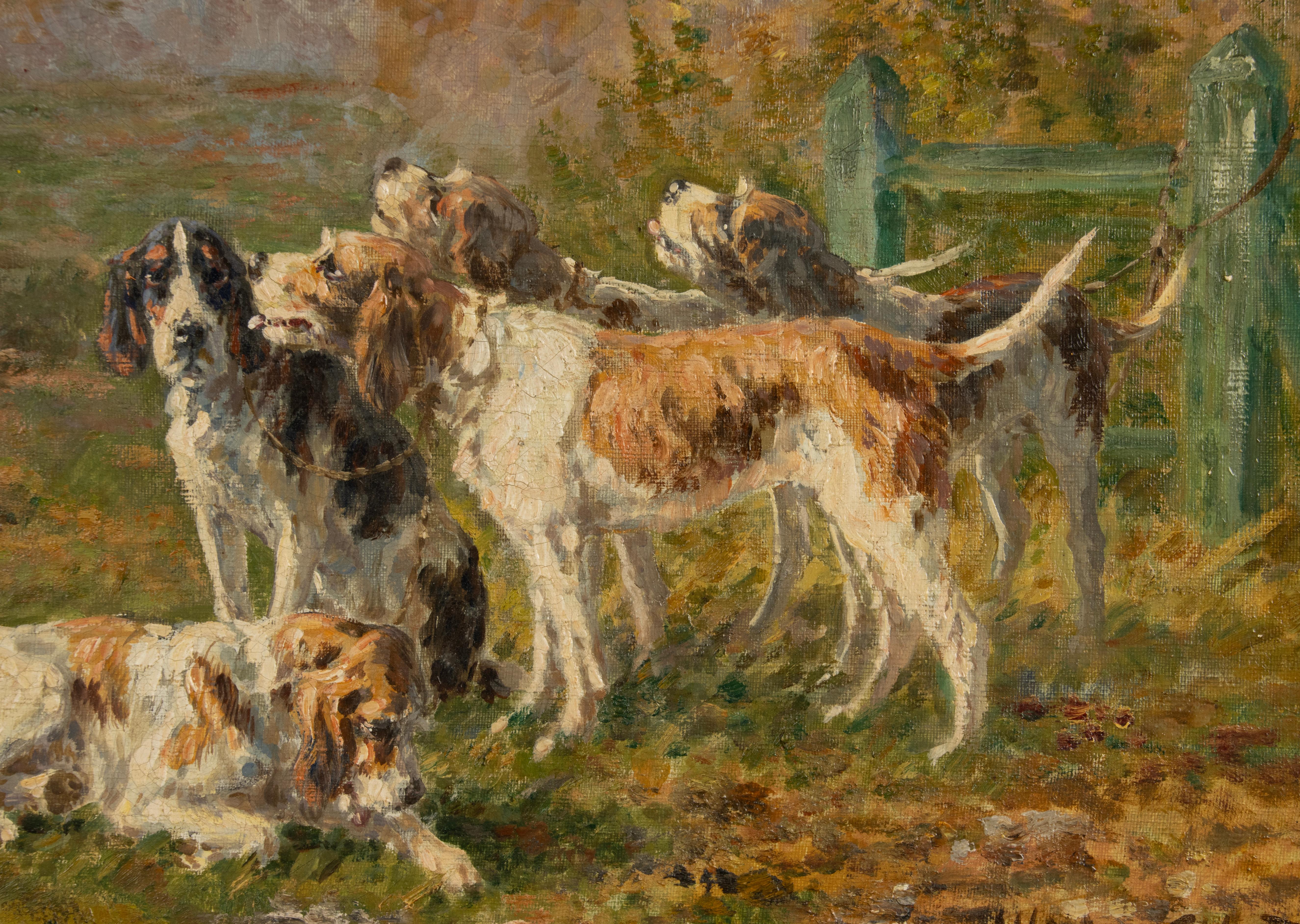 Antique Oil Painting - Pack of Hunting Dogs - Signed Marie Didière Calvès  In Good Condition For Sale In Casteren, Noord-Brabant