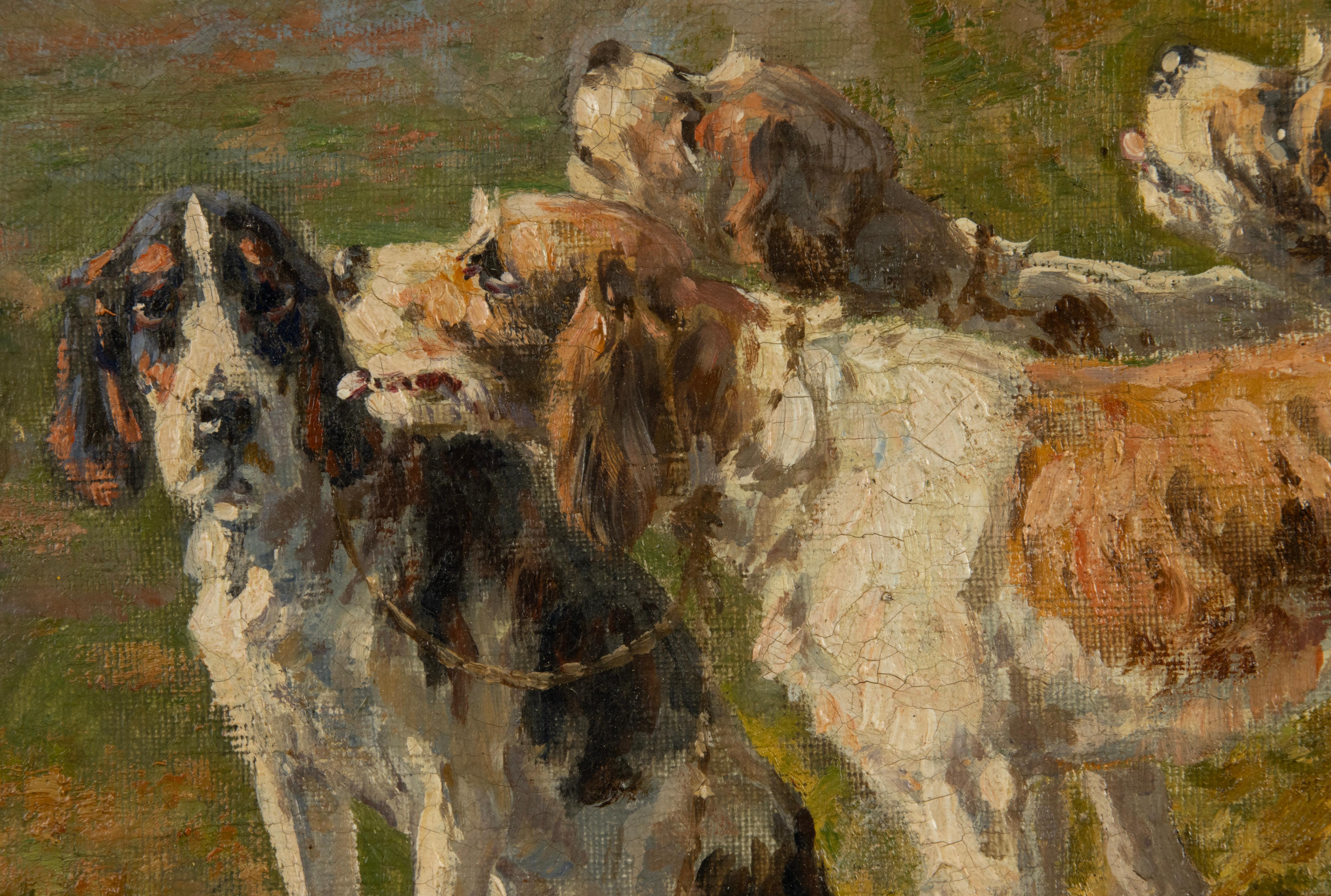 Canvas Antique Oil Painting - Pack of Hunting Dogs - Signed Marie Didière Calvès For Sale