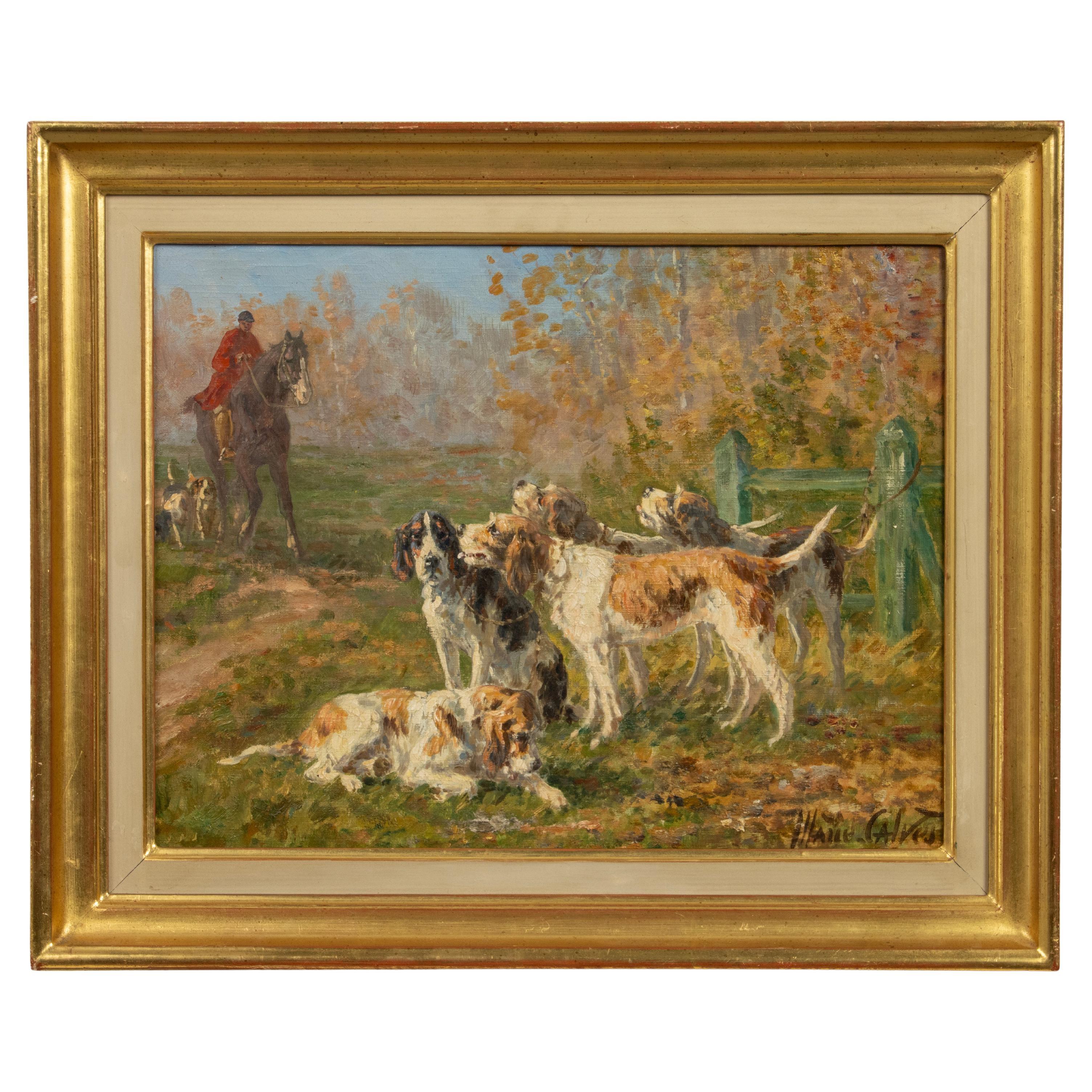 Antique Oil Painting - Pack of Hunting Dogs - Signed Marie Didière Calvès  For Sale