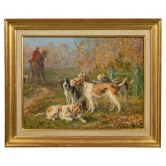 Peinture à l'huile ancienne - Meute de chiens de chasse - Signée Marie Didière Calvès 