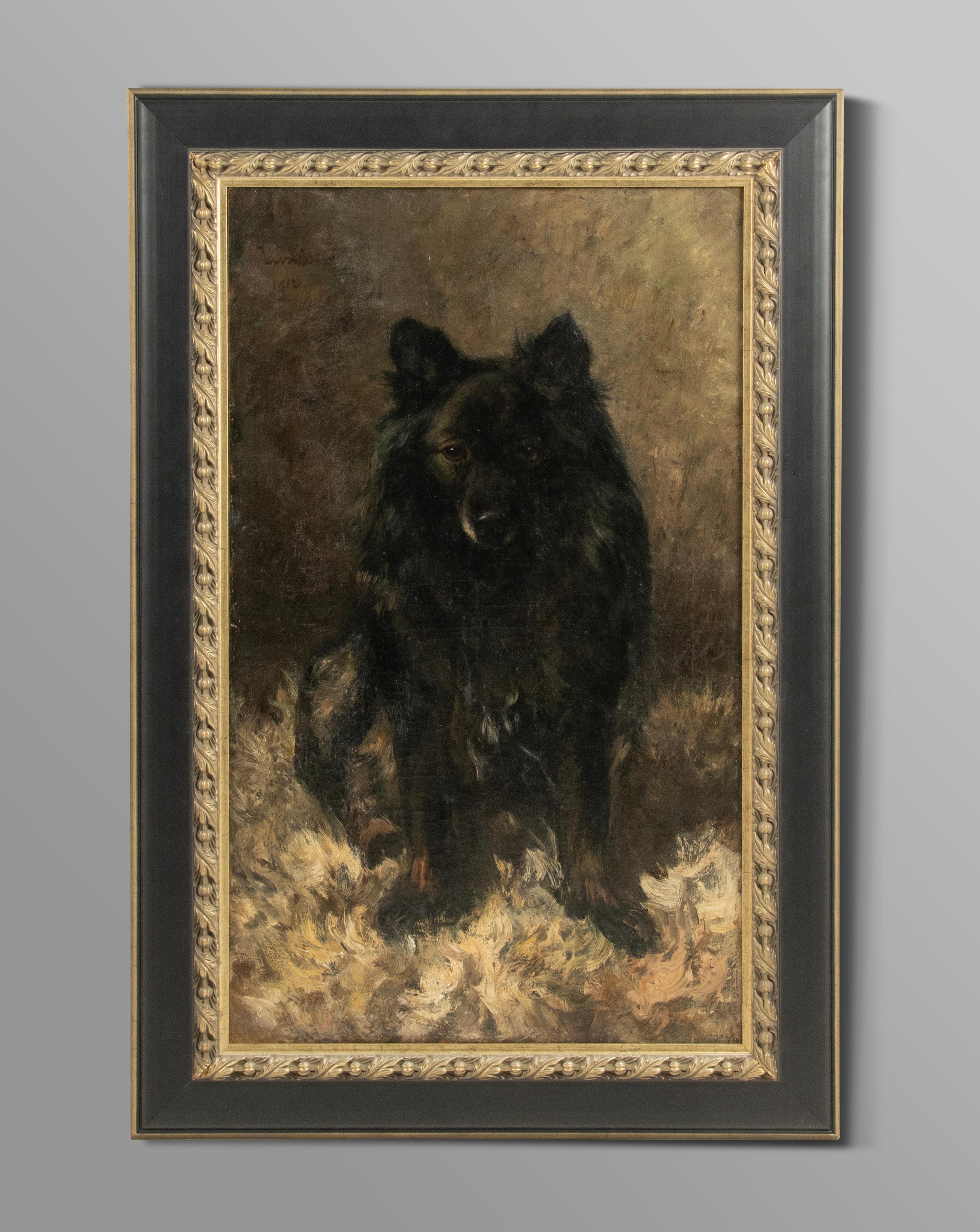 Pintura al óleo antigua Retrato de perro por el animalista Jan Van Essen Belle Époque en venta