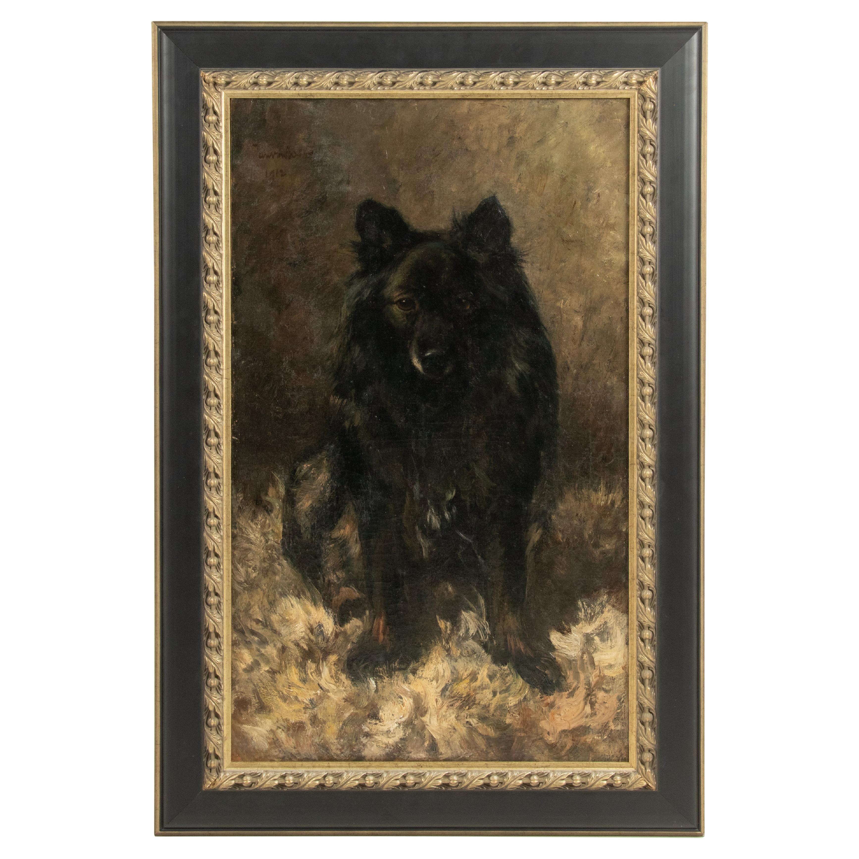 Peinture à l'huile ancienne - Portrait d'un  Chien par Animalier Jan van Essen en vente