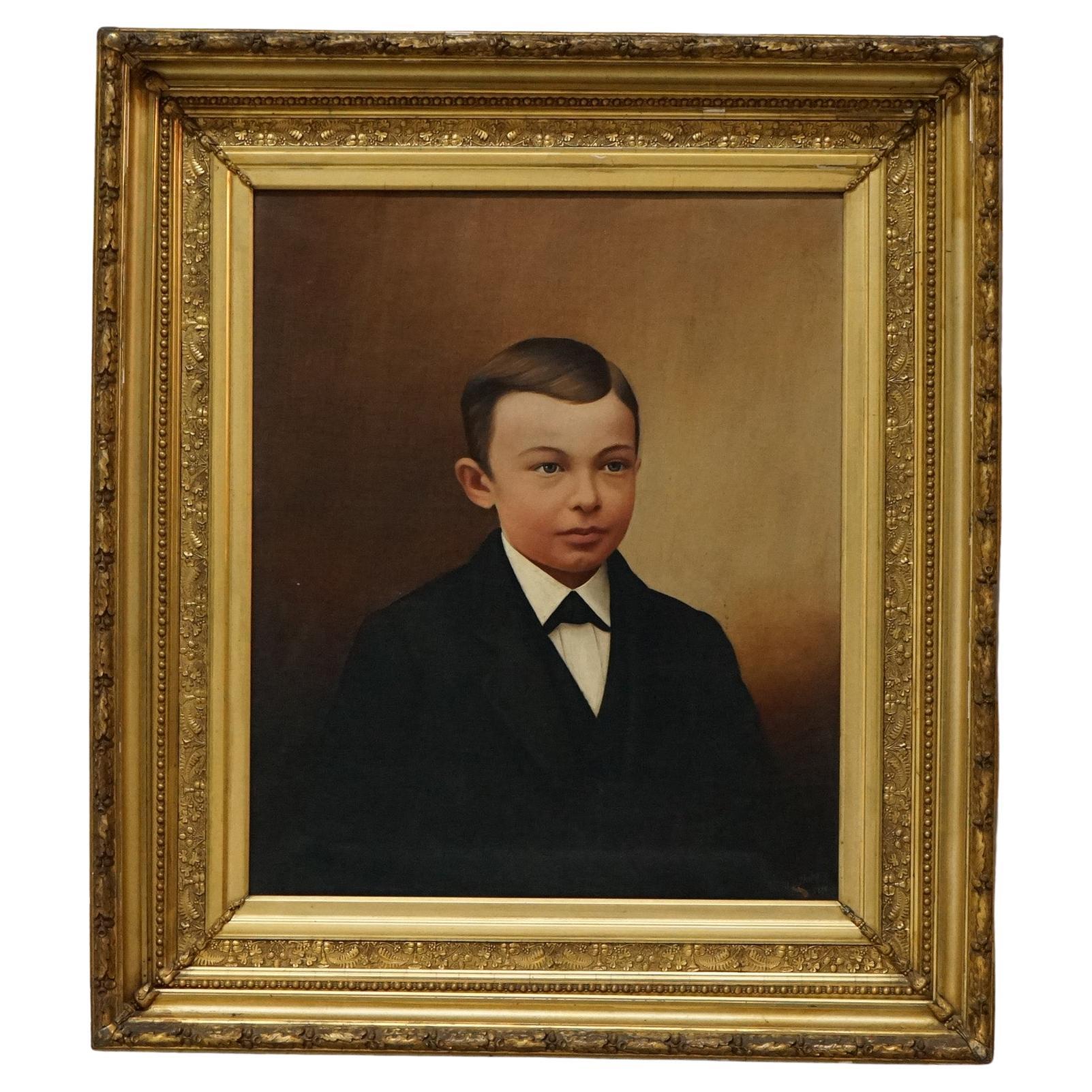 Peinture à l'huile ancienne, portrait d'un jeune garçon par S.B. Shiley, c1880
