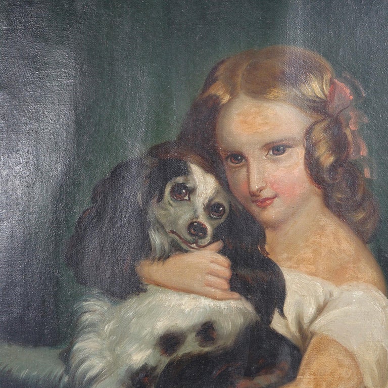 Antique Oil Painting Portrait of a Young Girl and Dog 19th C For Sale