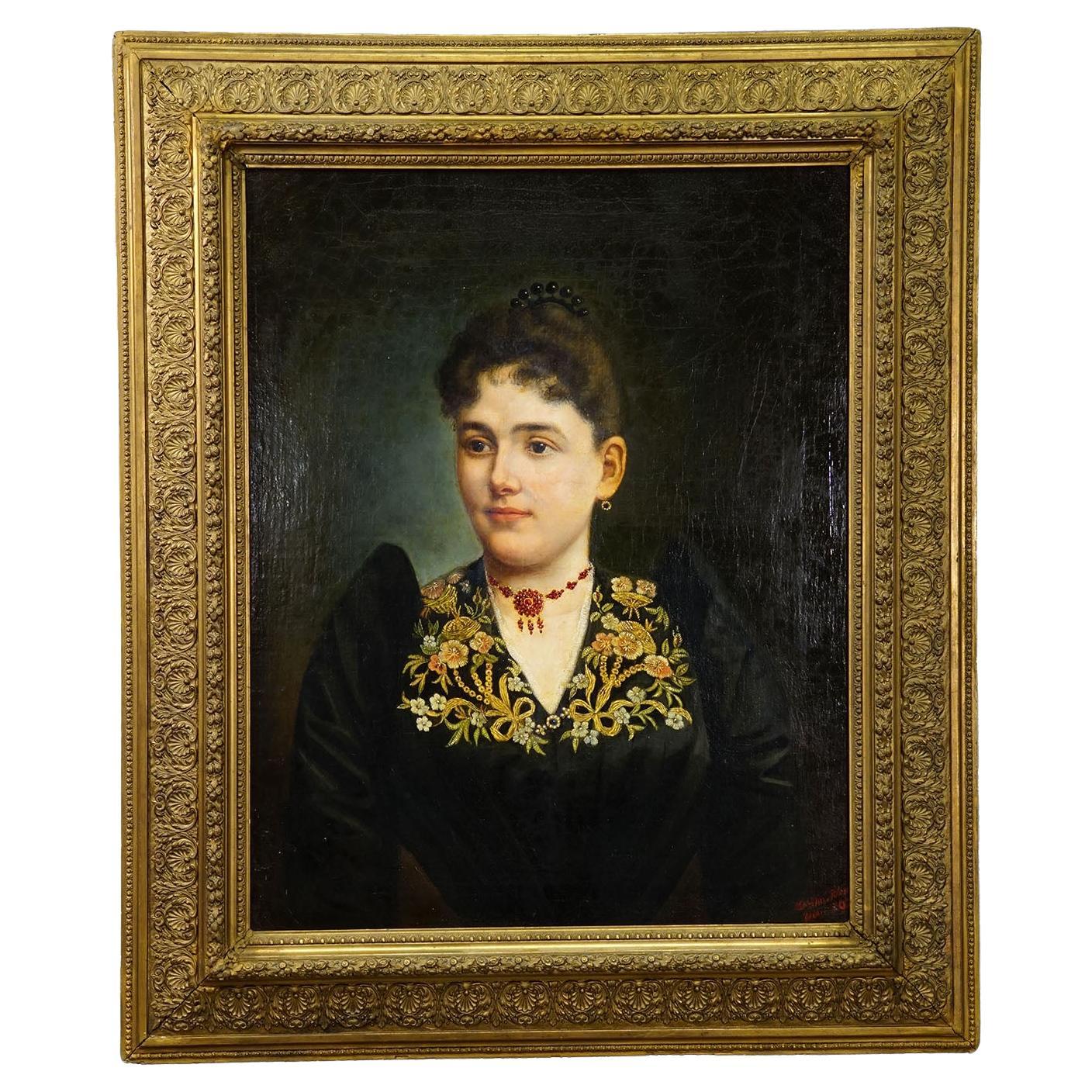 Peinture à l
huile ancienne Portrait d
une jeune femme victorienne, Vienne 1892