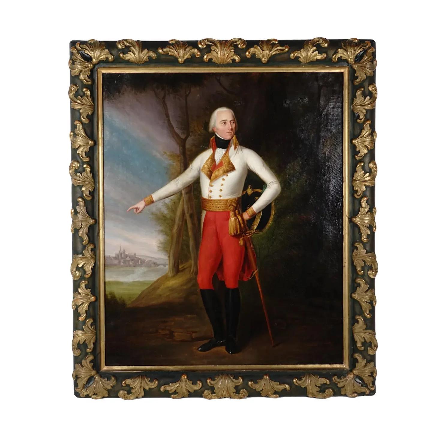 Oil on canvas painting, a full-length portrait of a gray-haired stabs-officer in red pants and a white coat. He is pointing to the town that is depicted in the background. The uniform indicates that the man is most likely an Austrian.18th-century