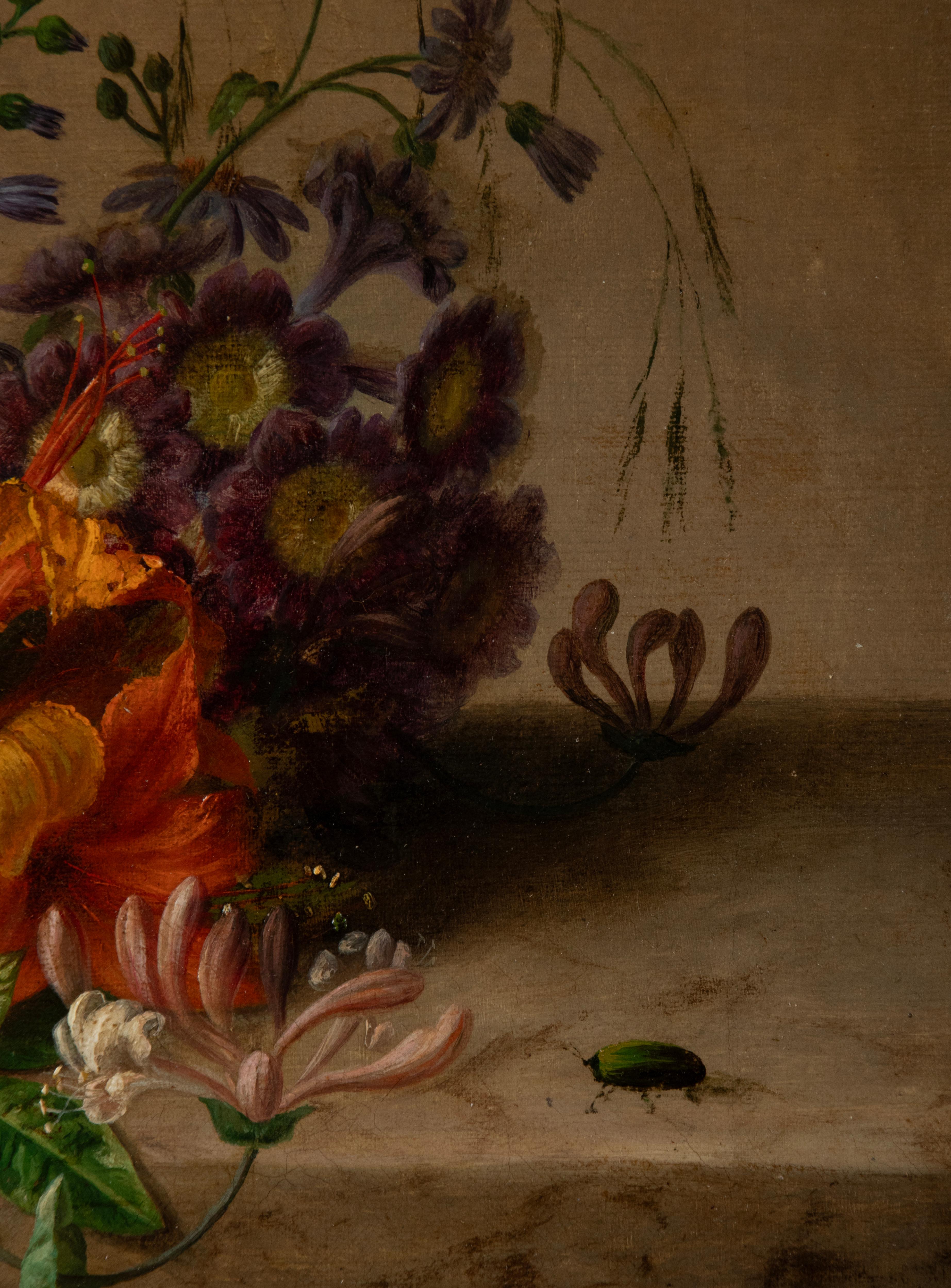 Belgian Antique Oil Painting - Renaissance Style Flower Still Life - V. de Sartorius   For Sale